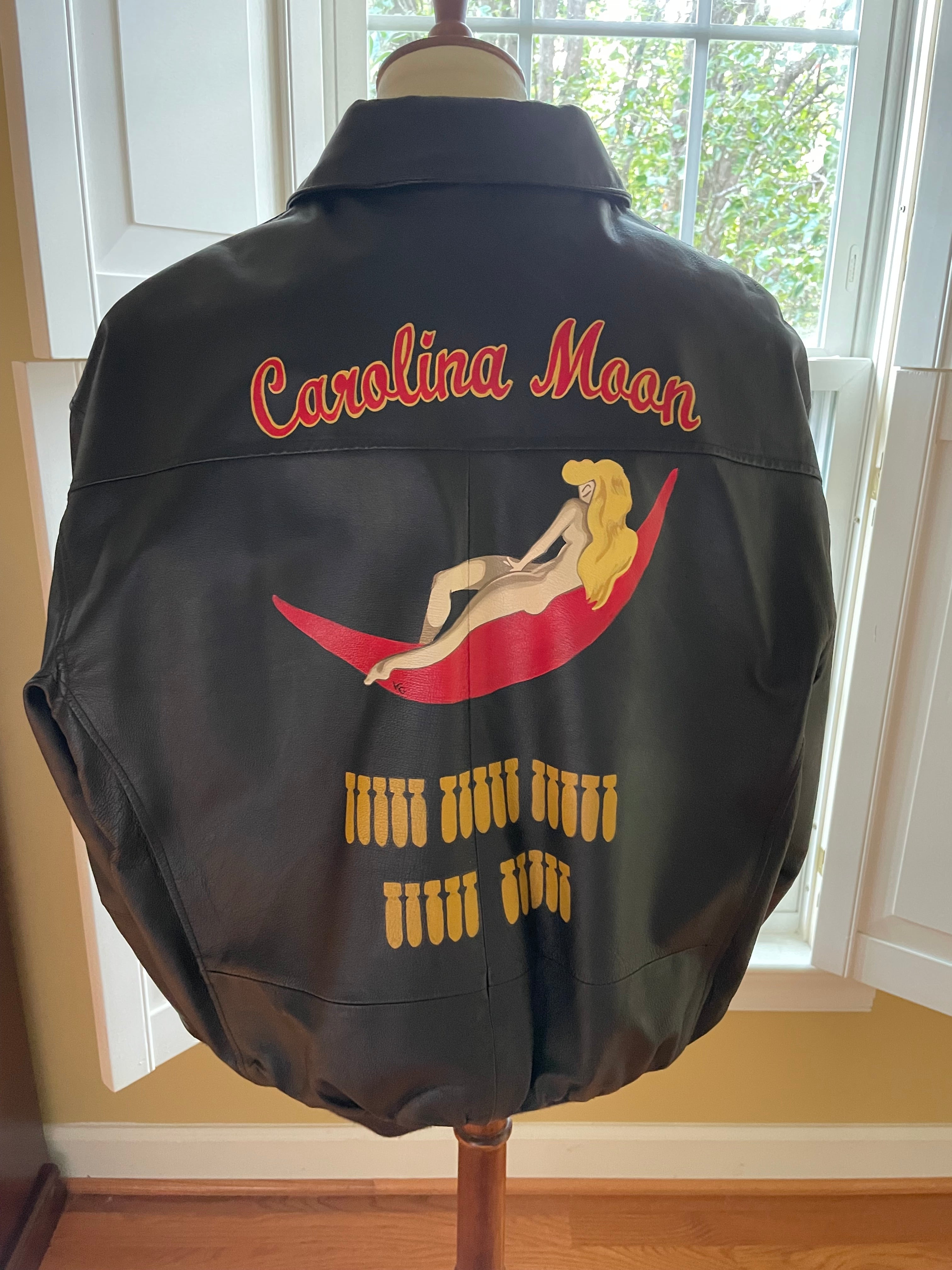 A2 style leather jacket back with handpainting of 'Carolina Moon' art