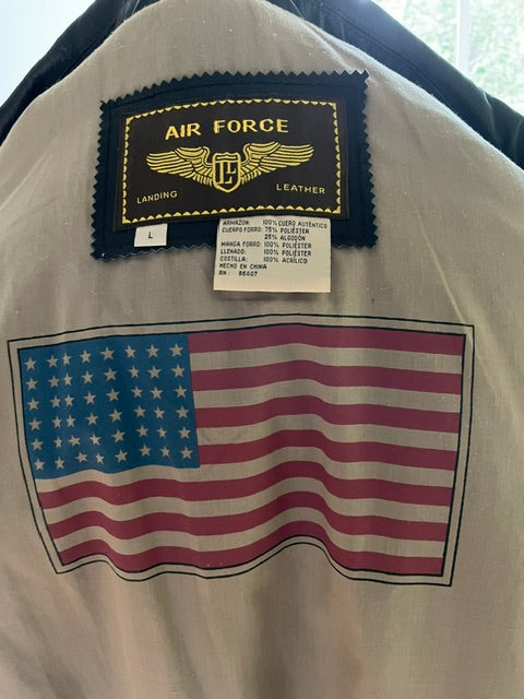 Landing Leather jacket label with american flag on liner