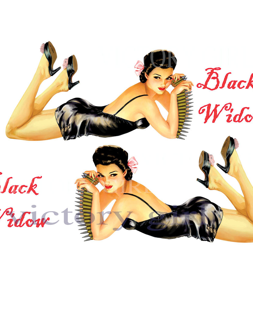 Black Widow Holding Ammunition Nose Art Vinyl Decal Sticker
