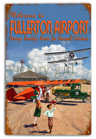 Vintage  Fullerton Airport Tin  12 x 18 Distressed
