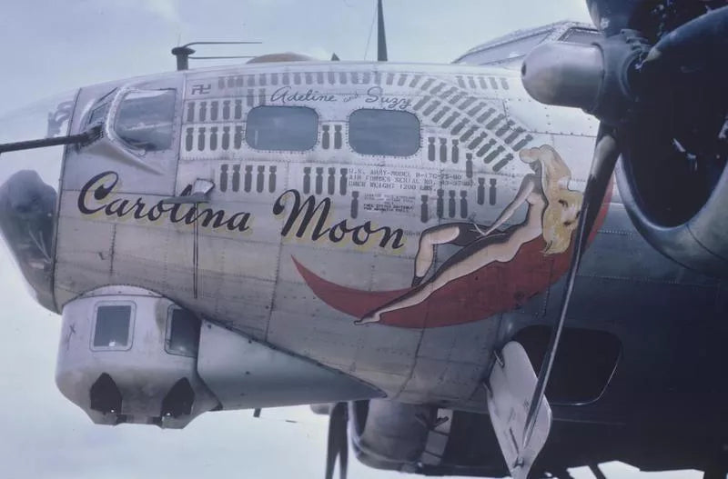 B-17 Flying Fortress with 'Carolina Moon' nose art painted to fuselage