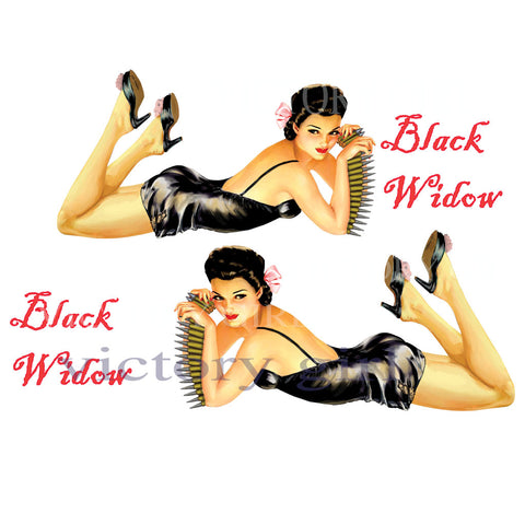 Black Widow Holding Ammunition Nose Art Vinyl Decal Sticker